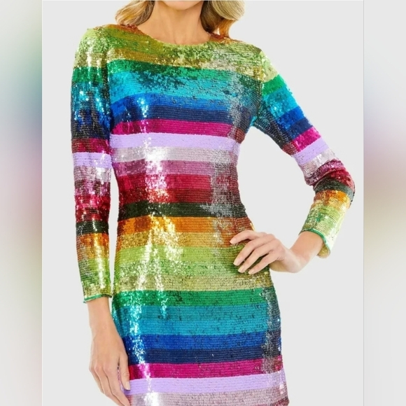 NWT!! Mac Duggal, Multicolor Long Sleeve Sequin Rainbow Dress, MSRP $598 - Picture 3 of 11